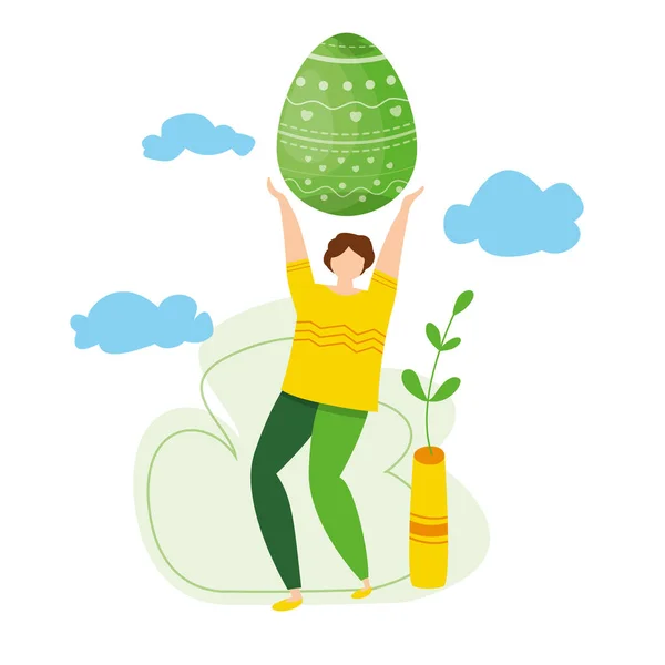 Moderna ilustración vectorial de gente linda y diminuta bailan y celebran con huevos de Pascua. Felices fiestas de abril. Concepto para postal, sitio web . — Vector de stock