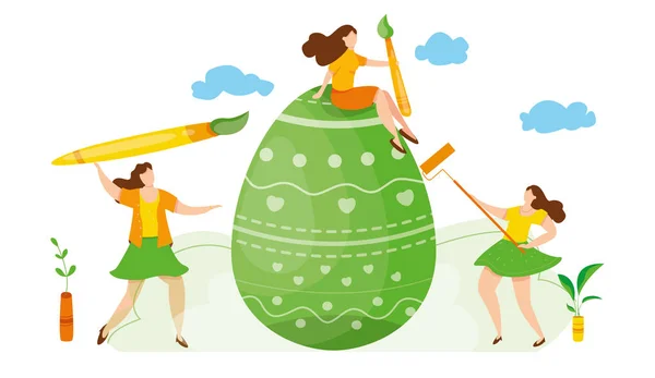 Moderna ilustración vectorial de gente pequeña linda con pinceles y pintura decorar huevos de Pascua. Hombres y mujeres bailan y celebran la Pascua. Felices fiestas. Concepto de trabajo en equipo para postal, sitio web — Vector de stock