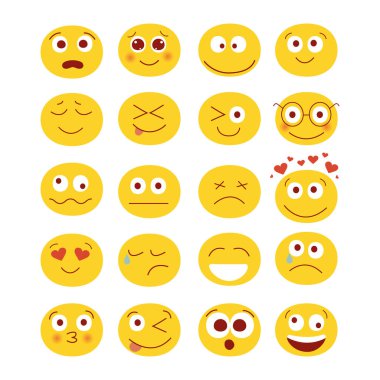 Şirin komik ifade dizilerinin modern vektör çizimi. Emoji hazır. Sosyal ağlar, kuryeler ve sohbetler için ayarlandı. Farklı gülüşler, gülüşler, öpücükler, sevgi ve üzüntü.