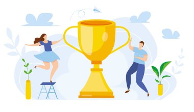 Modern vector illustration of businessman near a trophy. Gold cup for financial profit. Successful cute man and woman with a reward for perfect teamwork. clipart