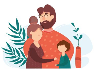 Sevimli mutlu ailenin modern vektör çizimi. Anne babalar ve çocuklar aşık. Baba, anne ve çocuğa sarılıyor. Aile günü. Beyaz arka planda izole edilmiş. Ebeveynlik