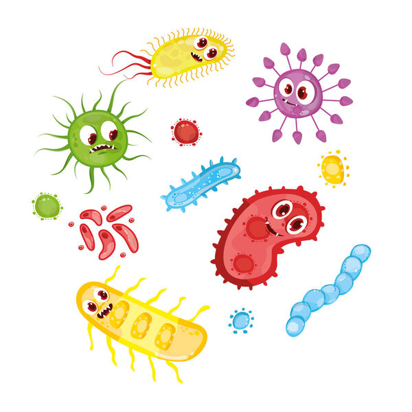 Современная векторная иллюстрация различных типов вирусов и бактерий. Изолированный на белом фоне. Милый набор микроорганизмов и микробов. Бактериальная инфекция
.