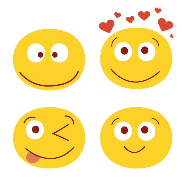 Ilustración vectorial moderna de conjunto de emoticonos divertidos lindo. Juego de emojis. Set para redes sociales, mensajeros y chats. Diferentes sonrisas con besos de risa sorprenden el amor y la tristeza — Archivo Imágenes Vectoriales