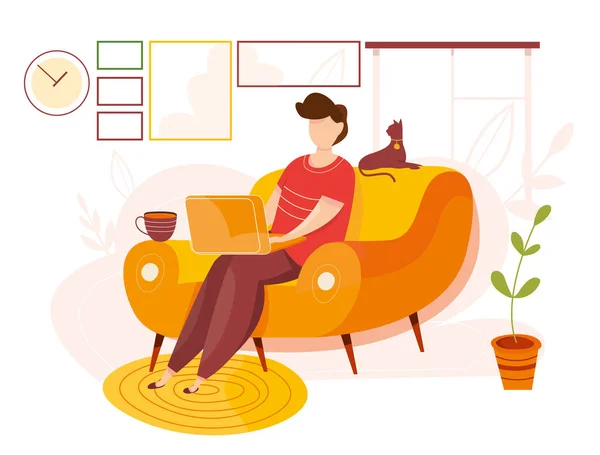 Ilustración vectorial moderna del trabajo en casa. El hombre trabaja en condiciones cómodas. Oficina central. Freelancer con gato, planta. Cuarentena epidémica. Concepto de autónomo. Empresario con portátil . — Vector de stock