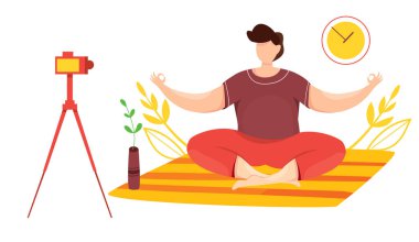 Yoga kursunun vektörü. Evde yoga dersi var. Öğretmenden online ders. Mobil uygulama üzerine yoga dersi. Karantina salgını. Evde çalışıyorum. Esneme ve zindelik egzersizleri. Canlı yayın. Yayın