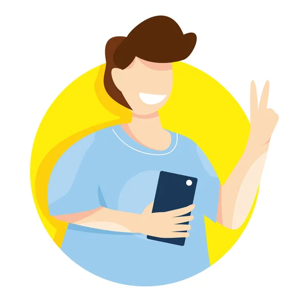 Ilustración Vectorial Moderna Hombre Joven Con Teléfono Inteligente Tomando Selfie — Vector de stock