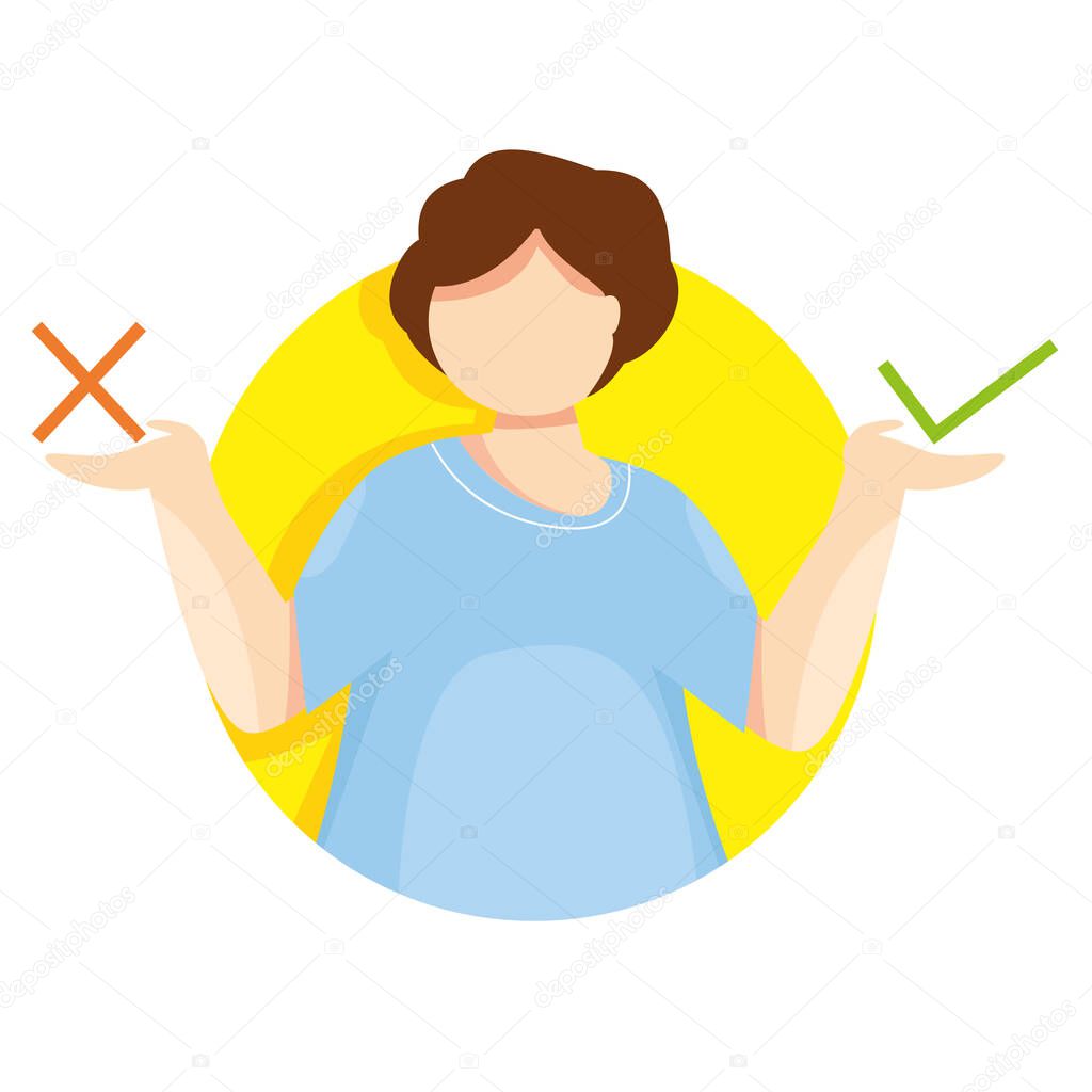 Modern vector illustration of difficult decission. Green tick symbol and red cross sign. Concept of corrrect or incorrect choice and decision making. Dilemma. The young man does not know what to do