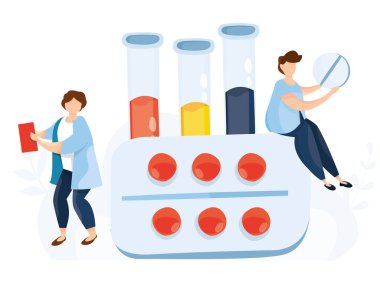 İlaç kullanan sevimli bir doktorun vektör çizimi. Kan ve aşı dolu bir tüp. Araştırma laboratuarı. Virüs merkezi. Araştırma merkezi. Medicament Tedavi ve Sağlık Hizmetleri. Sağlık hizmetleri insanları kavramı