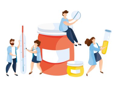 Termometresi, hapları, ilacı, tüpü, grip aşısı olan sevimli doktorların modern vektör çizimi. Medicament Tedavi ve Sağlık Hizmetleri. Sağlık hizmetleri insanları konsepti. Doktor reçete yazacak.