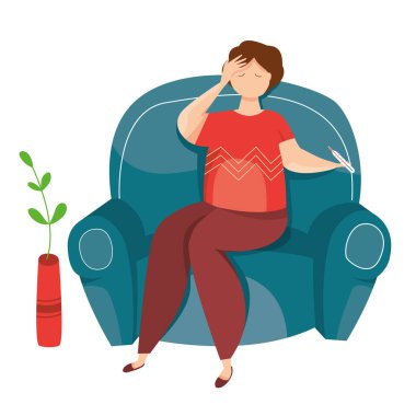 Hasta bir adamın soğuk ve yüksek ateş belirtileriyle koltukta oturmasının vektör çizimi. Grip enfeksiyonu. Coronavirus. Sezon alerjisi. Kendini soyutlama. Salgın hastalık. Salgın. Virüs enfeksiyonu. Karantina