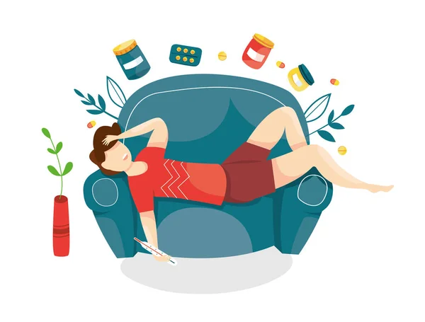 Vector Illustration Sick Man Lying Chair Symptoms Cold High Fever — Stock Vector