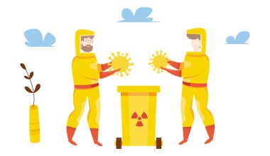 Laboratuvar bilim adamlarının taşıyıcısı koronavirüsü tedavi ediyor. Virüsün laboratuvar testi. Zehirli atık. Bir tıp laboratuarında bulaşıcı hastalık doktoru. Virüs bakterisiyle tıbbi kişisel