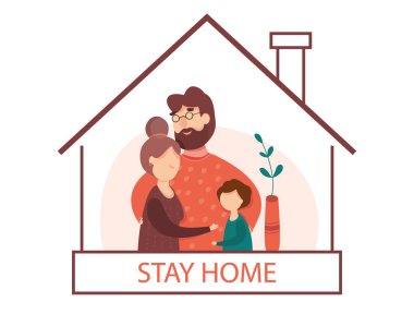 Kendini karantinaya almanın vektör çizimi. Aile evde. Ev konseptinde kal. Salgını önleme. COVID-19 koronavirüsü kapma korkusu. Salgın kontrol sosyal medya kampanyası. Virüs