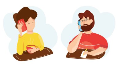 Telefonla konuşmanın vektör çizimi, akıllı telefondan iletişim. Kadın ve erkek cep telefonundan konuşuyor. İnsanlar arasındaki iş sohbeti.