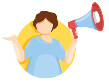 Megafon vektör illüstrasyonlu bir adam. İş dünyası takım lideri. Terfi ve reklam. Hoparlörler için takım çalışması düz simgesi. İşe alma konsepti. Uyarı ve uyarı