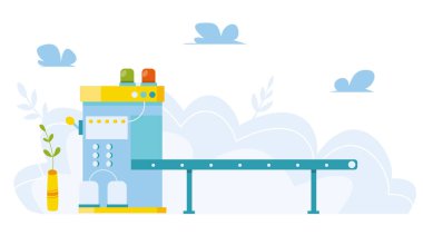 Fabrikada taşıma bandı var. Üretim. Endüstriyel üretim hattı montajı. Vektör illüstrasyonu.