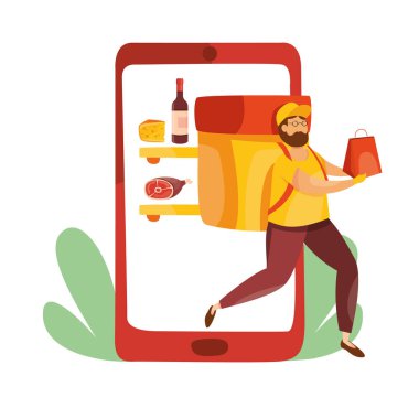 Teslimatçı, kurye ya da üniformalı gönüllü elinde yiyecek torbası ile online marketten ya da süpermarketten ürünler getiriyor. Çevrimiçi sipariş izleme. Teslimat konsepti. Vektör illüstrasyonu.