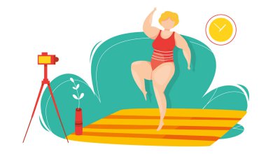 Fitness kursunun vektörü. Evde spor dersi var. Öğretmenden online ders. Mobil uygulama dersi. Karantina salgını. Evde çalışıyorum. Esneme ve zindelik egzersizleri. Canlı yayın. Yayın.