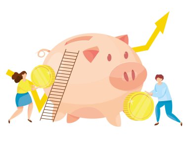 Banka mevduat vektör çizimi. Para tasarrufu konsepti. İçinde bozuk paralar olan kumbaralar. Nakit koruma. Finans tasarrufu afişi. Para yatırımı. Banka hücre vektör illüstrasyonu.