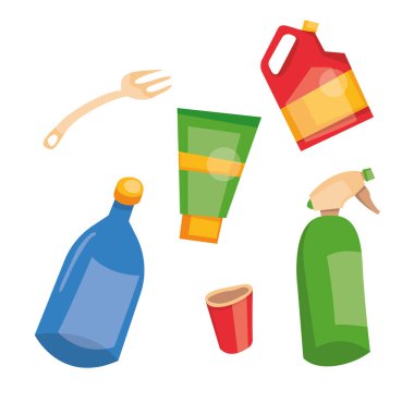 Plastik çöplerin geri dönüşümünün vektör çizimi. Kullanılmış plastik kutular, şişe, teneke kutu. Çöpleri ayıkladım. Çöpleri ayır
