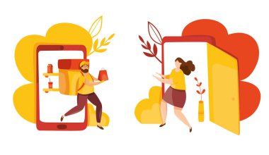 Teslimat servisinin vektörü. Karantina sırasında güvensiz teslimat. Çevrimiçi sipariş takibi, evde ve ofiste. İnternetten alışveriş. Uzaktan ödeme. Mobil uygulamalı akıllı telefon. Kurye