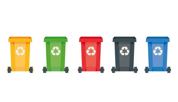 Moderna illustrazione vettoriale di contenitori colorati per la raccolta differenziata dei rifiuti. Cestino per il riciclaggio di diversi tipi di rifiuti — Vettoriale Stock