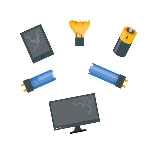 Векторная иллюстрация переработки электронного мусора. Комплект используемой батареи, ноутбук, телефон, лампочка, телевизор. Сортировка мусора. Мусор отдельно . — стоковый вектор