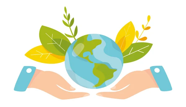Ecology concept. People take care about planet ecology. Protect nature and ecology banner. Earth day. Earth globe in hands. Vector illustration. Royalty Free Stock Vectors
