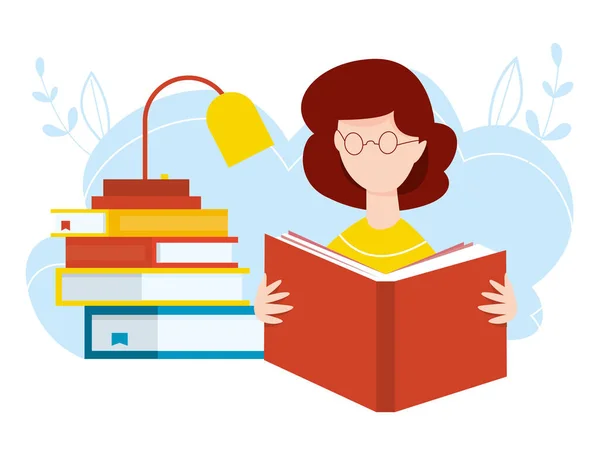 Girl sitting with stacks of books with open book in her hands. Vector illustration. Concept of earning, distance studying and self education. Online library. Remote home education. Vector Graphics