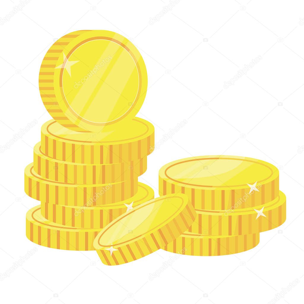 Coins money vector illustration. Pile of stacked gold coins. Isolated on white background.