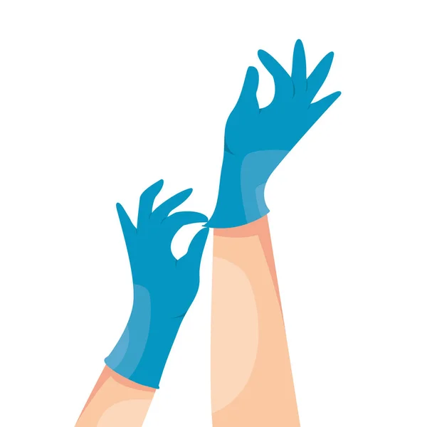 Mains humaines portant des gants médicaux en latex bleu. Infection et protection contre les virus. Coronavirus COVID-19 prévention. Illustration vectorielle isolée sur fond blanc . — Image vectorielle