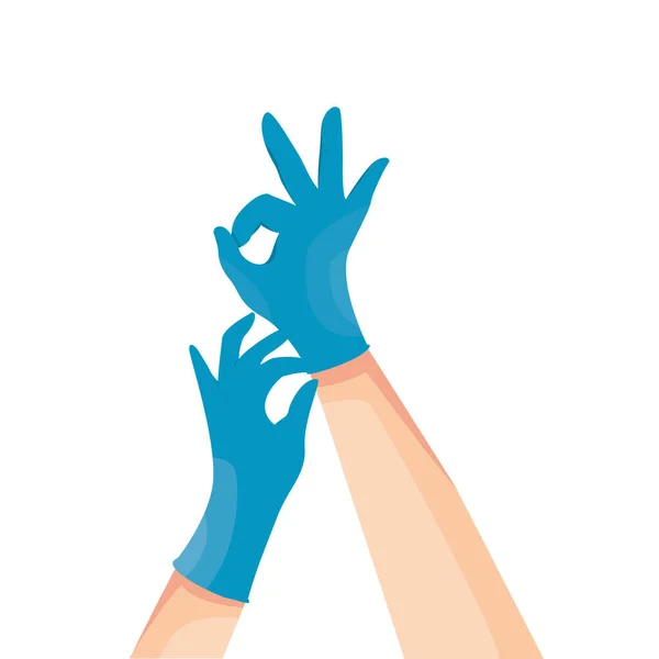 Mãos humanas a usar luvas médicas de látex azul. Infecção e proteção do vírus. Coronavirus COVID-19 prevenção. Ilustração vetorial isolada sobre fundo branco . — Vetor de Stock