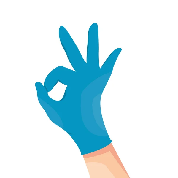 Human hand in blue latex medical glove shows okay symbol. Vector illustration, isolated on white background. Okay sign. — Stock Vector