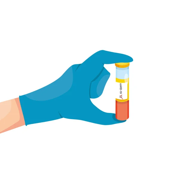 コロナウイルス陽性結果試験管付きブルーラテックス医療手袋で人間の手。化学試験管で血液サンプルを保持する医師。白地に隔離された. — ストックベクタ