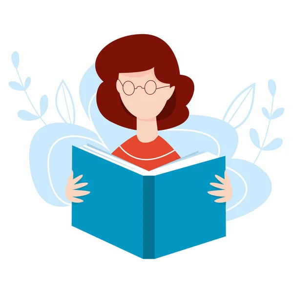 Dívka s otevřenou knihou v rukou. Žena čte knihu. Koncept online učení. Vektorová ilustrace domácího vzdělávání. Internet vzdělávání, školení, e-learning koncept. — Stockový vektor
