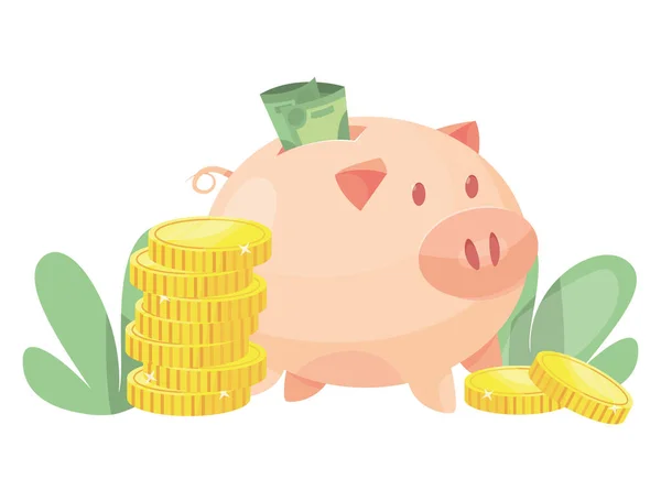 Piggy bank com moedas e ilustração vetorial de dinheiro. Conceito de poupança de dinheiro. Protecção de dinheiro. Banner de poupança financeira. Investimento em dinheiro. Depósito . —  Vetores de Stock