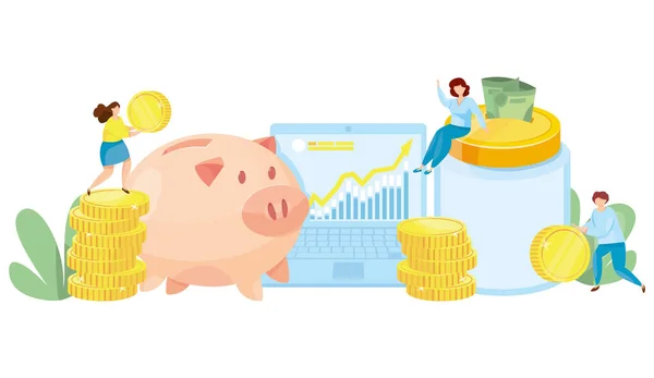 Banking deposit vector illustration. Money Savings concept. Cash protection. Finance saving banner. Money investment. Piggy bank with laptop and stacked glass jar vector illustration. — Stock Vector