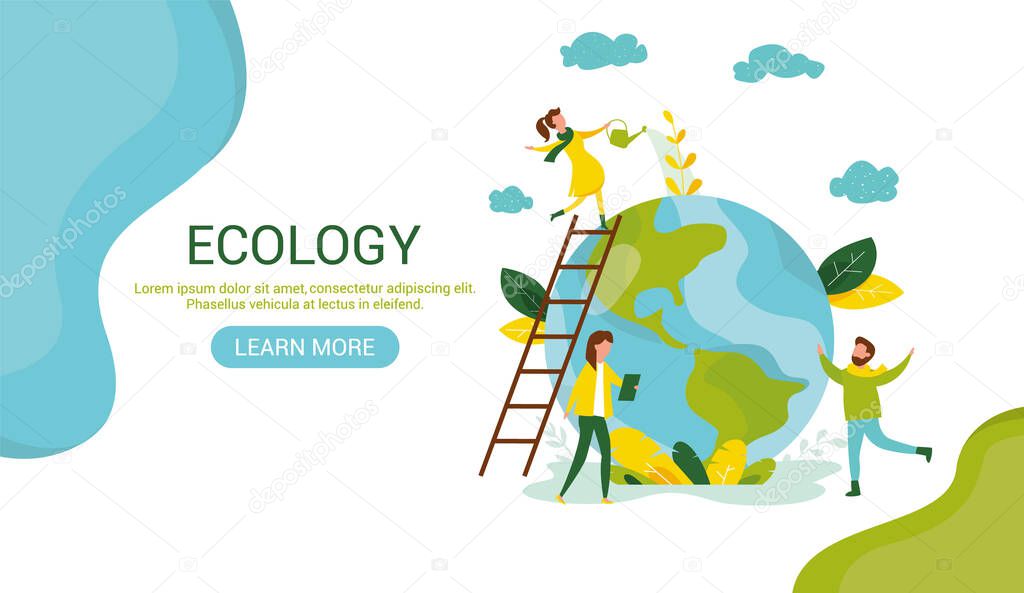 Ecology concept. People take care about planet ecology. Protect nature and ecology banner. Earth day Globe with trees plants and volunteer. Vector illustration. Web template for internet sites headers