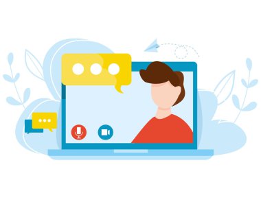 Çevrimiçi eğitim için vektör kavramı. Mesafe öğrenme. Dizüstü bilgisayardaki öğretmen online bir dersi açıklıyor. Kendi kendine eğitim kavramı. Mezuniyet ve internet kursları. İnternet webinar.