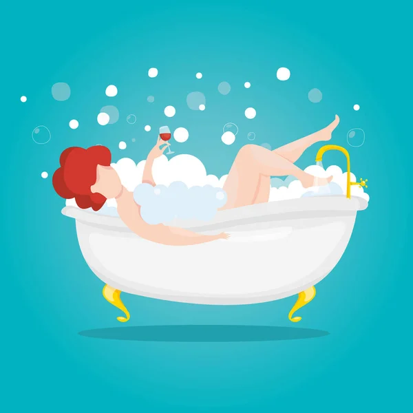 Woman with a glass of wine takes a bath. Rest after a hard day. Young girl relaxing in bathroom. Cosmetic and spa procedures. Vector illustration. Royalty Free Stock Illustrations