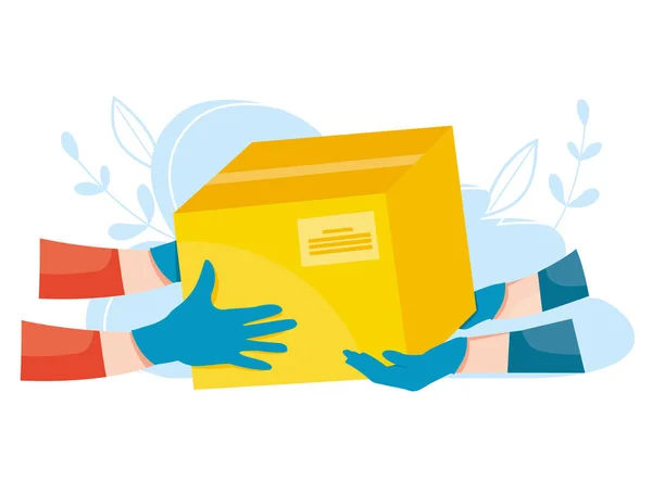 Package delivery in medical latex gloves. Fast express delivery during the epidemic. Safe delivery of parcel. Vector illustration. Royalty Free Stock Illustrations