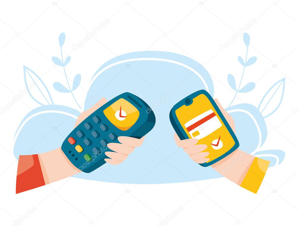 Contactless payment by phone. Pos terminal. Wireless mobile payment. Nfc concept. Online banking vector illustration.