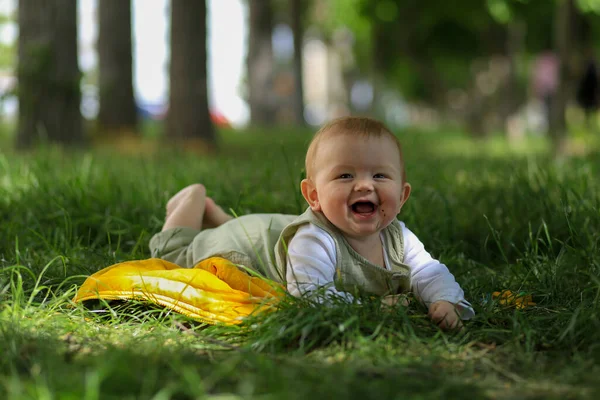 Bambino Trova Erba Verde Una Giornata Sole — Foto Stock