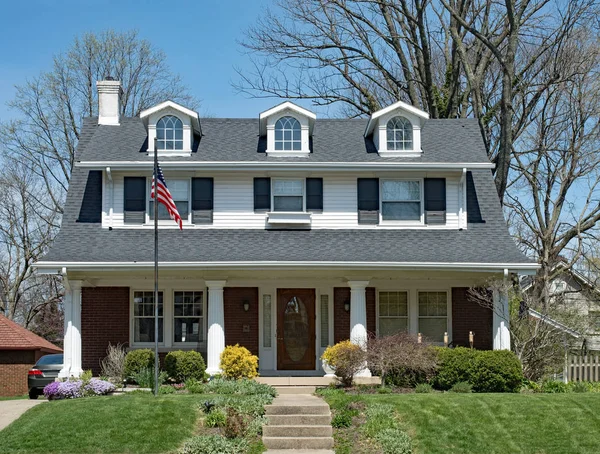 American Home with Dormers & Open Porch — Stock Photo, Image