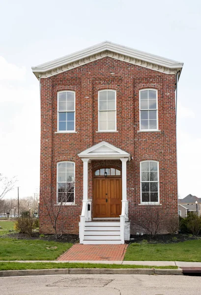 Narrow Red Brick House Wooden Door — Stock Photo, Image