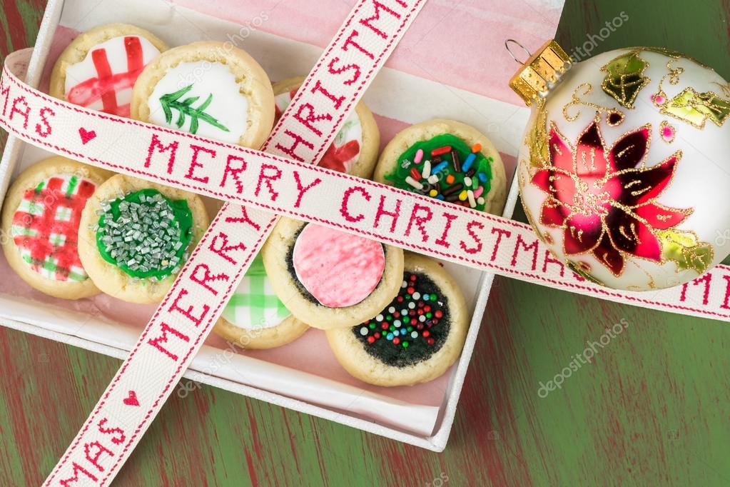 Homemade christmas sugar cookies in box.