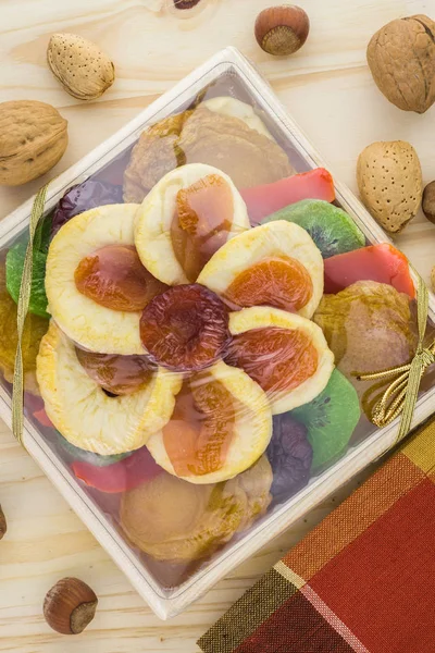 Dried fruits plate. Food gift.