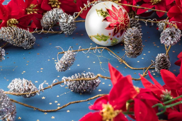 Christmas ornament with pinecones, poinsettia garland, Christmas — Stock Photo, Image