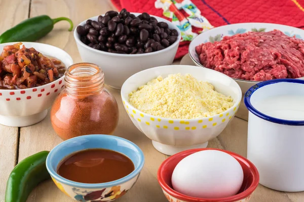 Ingredients Mexican Beef Tamale Pie Bowl Ground Beef Black Beens — Stock Photo, Image