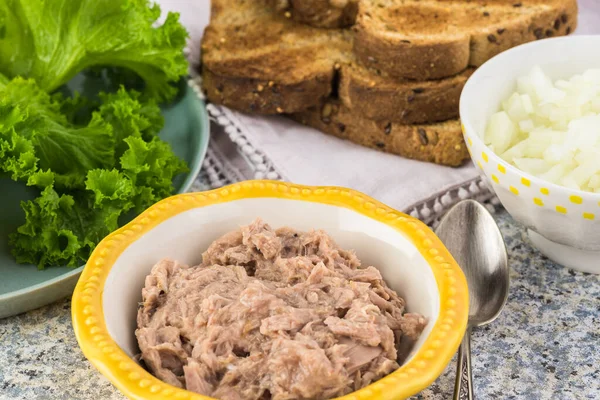 Ingredients Caned Tuna Salad Tuna Cut Onion Cut Pickles Mayonnaise — Stock Photo, Image